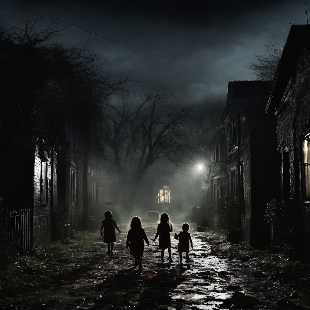 (masterpiece, Best quality:1.2), horror scene, Dark Street, House, black eyes, children