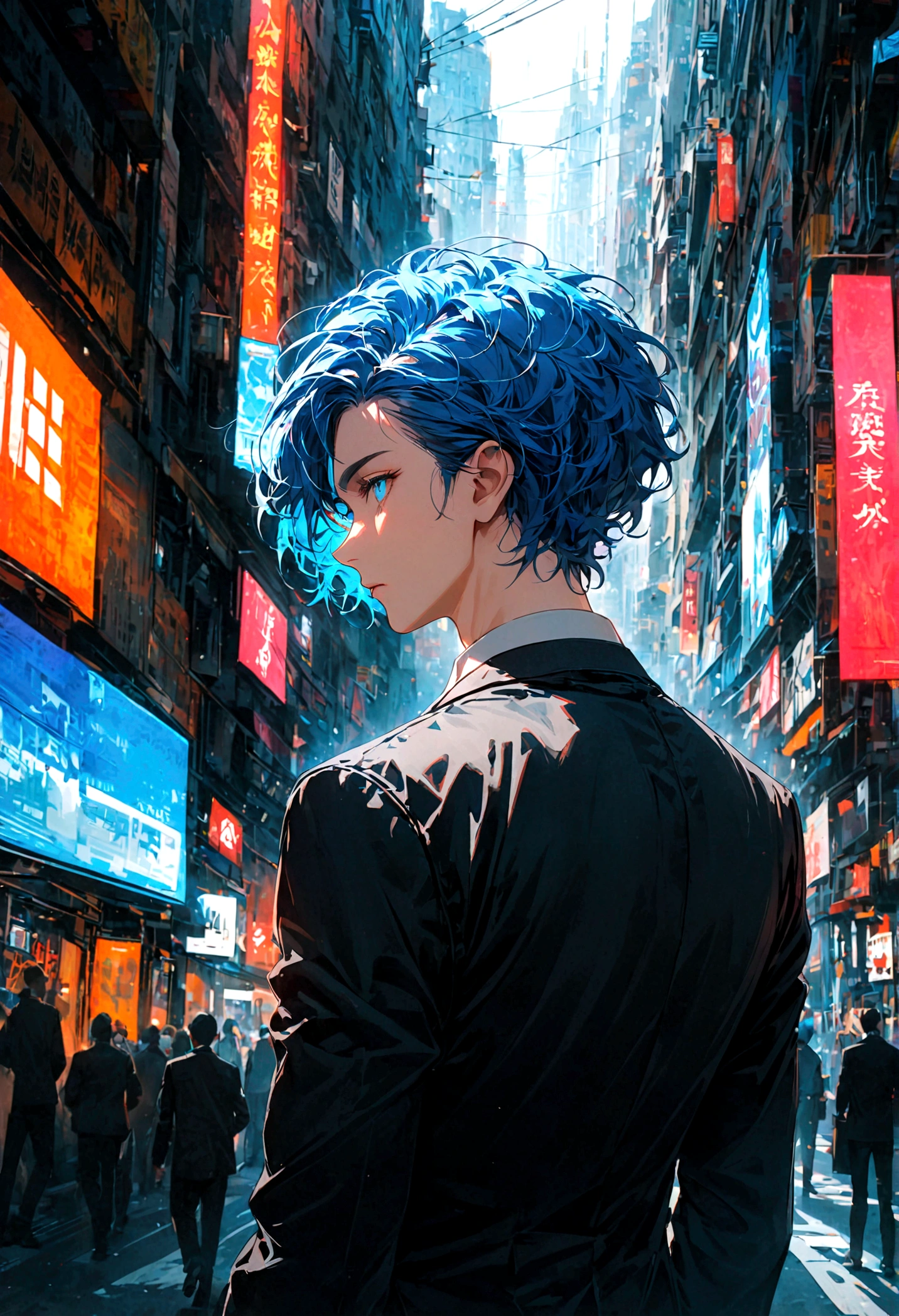 A man with blue hair and blue eyes in a black suit stood alone with his back turned halfway in the middle of the city during the day.