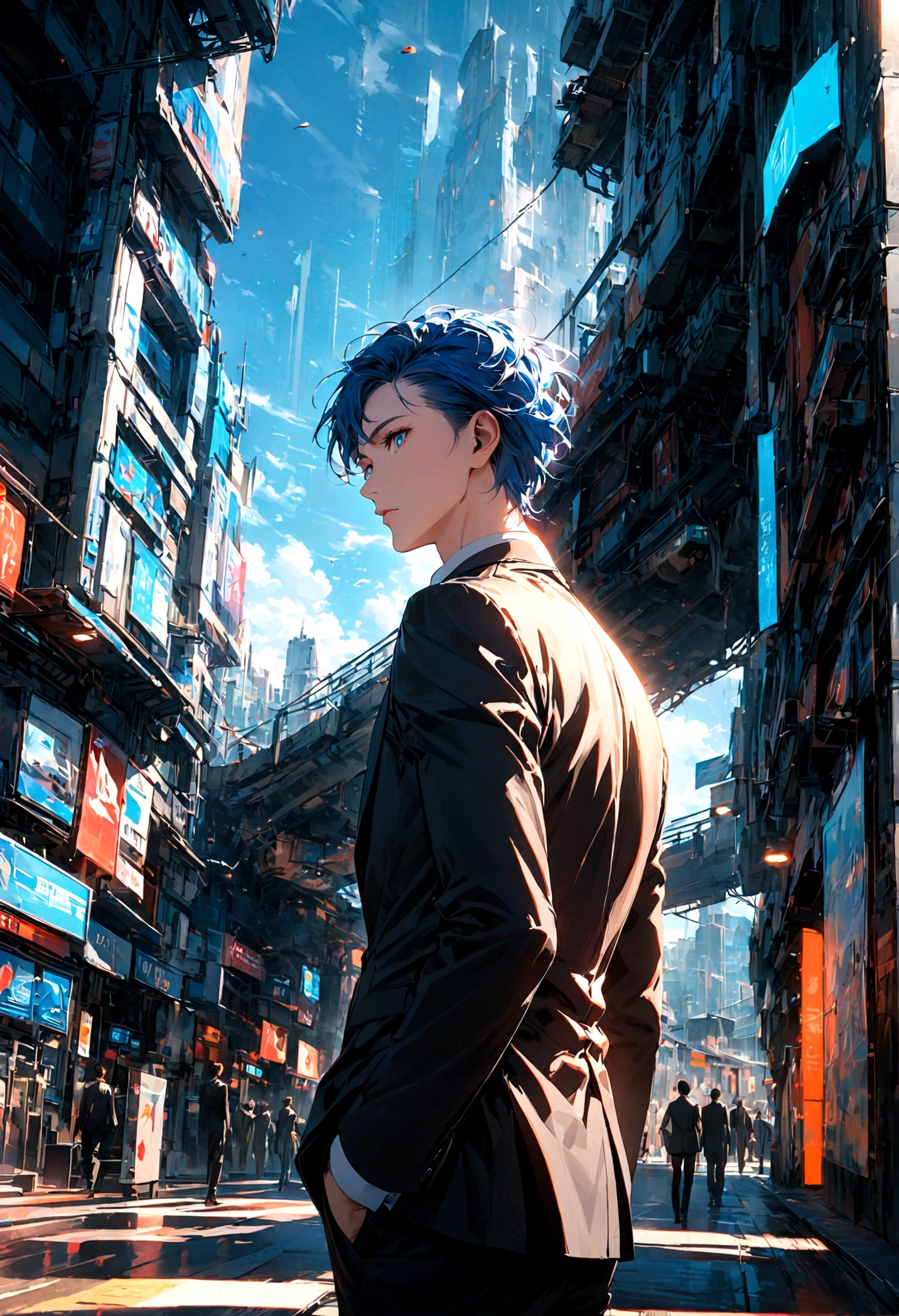 A man with blue hair and blue eyes in a black suit stood alone with his back turned halfway in the middle of the city during the day.