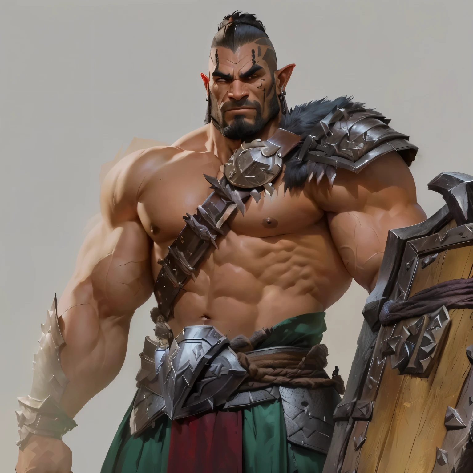 arafed Male Warrior with a sword and shield in his hand, barbarian class, Dog Face Muscle Goblin, barbarian, muscular character, picture of an adult Male Warrior, male barbarian, dnd giant character concept, Warrior concept art, Male Warrior, arabic orc, an orc, orc, orc warrior, Berserker Portrait, Handsome strong man in armor