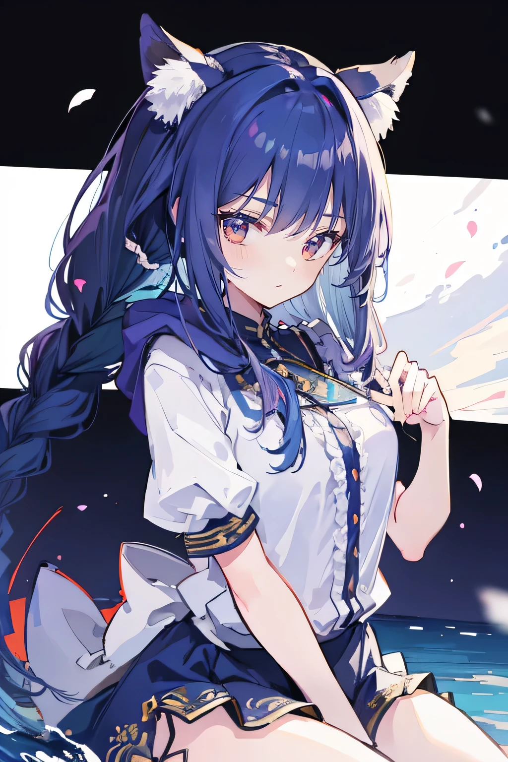 (masterpiece:1.2),Super detailed,lifelike,Expressive eyes,fair skin,perfect face shape,1 girl,
Japanese comics,Gorgeous blue hair,flowing blue hair,flowing clothes,Cat ears,Petals fall,beautiful lola,Baby Angel,
Shaking head with one hand,Cross your legs,Gentle and peaceful background,The pavilion is cool and comfortable,smile, wearing hoodie, background of tokyo,back views,snowing, winter,lie on the water.(Best Quality: 1.3), (Masterpiece: 1.3), (Illustration: 1.3), (Ultra Detailed: 1.3), (Imide Lens: 0.9), 1girl, Medium Breasts, Purple Eyes, ((Dark Blue Hair) ), hair accessories, young, clothing-gladiia, long hair, dark blue hair, indoors, black shorts, high socks, low ponytail, expressionless, upper body, close-up, coat, skirt,fgo style,like \(destiny\), like Adult, hair length, underwear, masterpiece, Top quality, 1 Girl, looking at the audience,(((braid)))、shameful face、Embarrassed face、Long body、huge 、