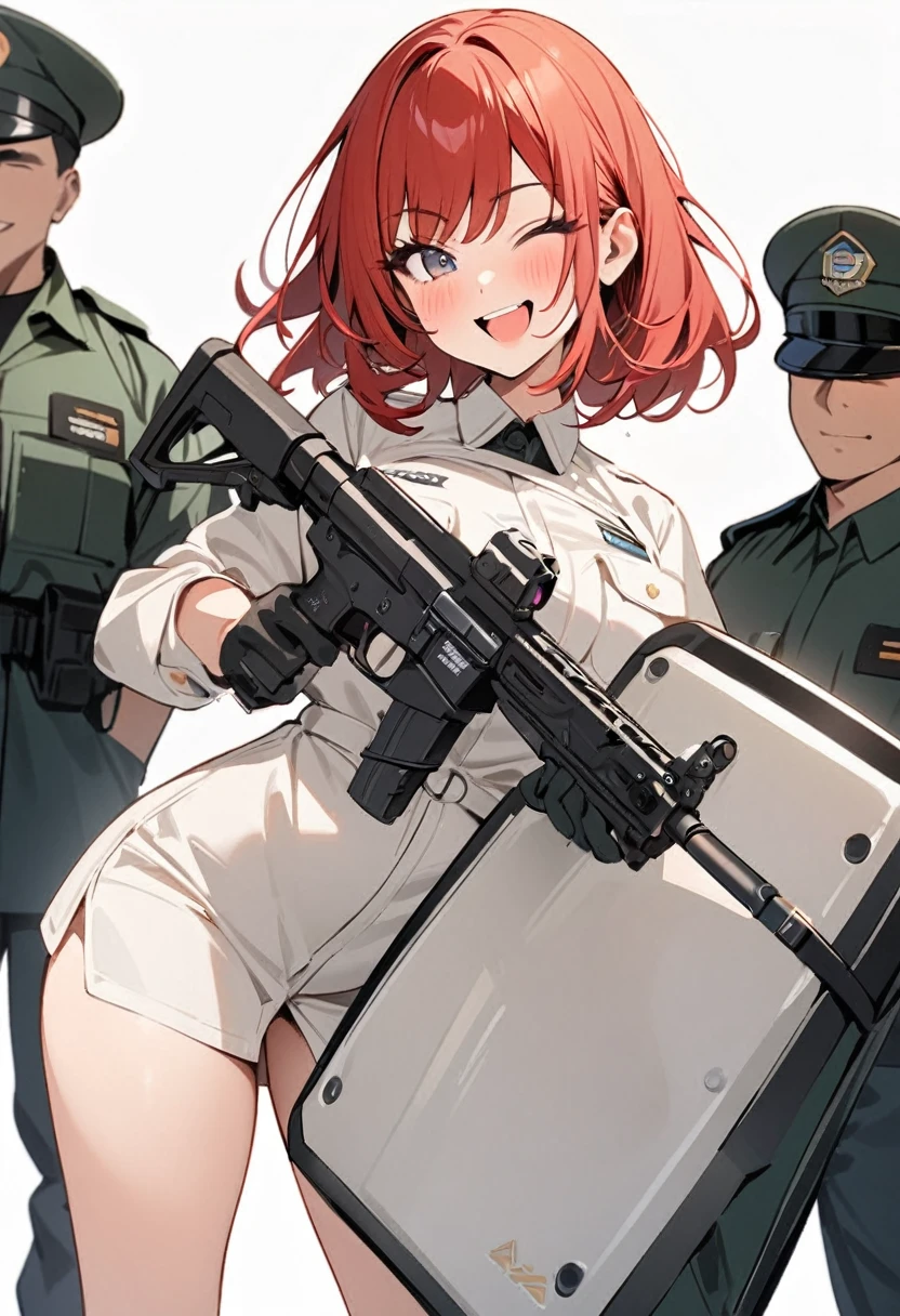 Masterpiece, 1 female, security guard, SAT, special forces, holding large shield, arc knights, modern, cute, smiling, bright, holding gun, winking, bangs center parted, red hair, medium hair, innocent, cute, white background