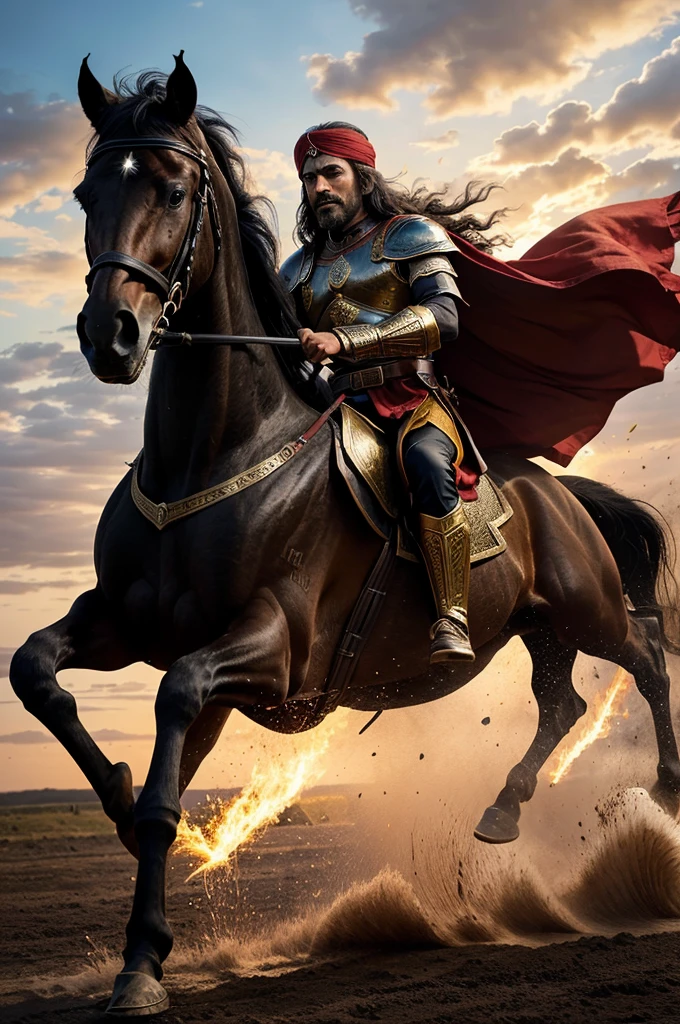  a valiant warrior riding a powerful black horse, charging forward with a sword raised in his right hand. The warrior is adorned in traditional attire with a striking red turban, a yellow tunic, and golden footwear. His facial expression exudes determination and bravery, with a well-groomed mustache and a focused gaze. The horse appears equally formidable, its mane and tail flowing, and it is portrayed in motion, adding a dynamic energy to the scene. A radiant glow surrounds the warrior's head, symbolizing his heroic status and possibly divine favor. The background hints at a battlefield, emphasizing the warrior's readiness for combat and his pivotal role in the fight.