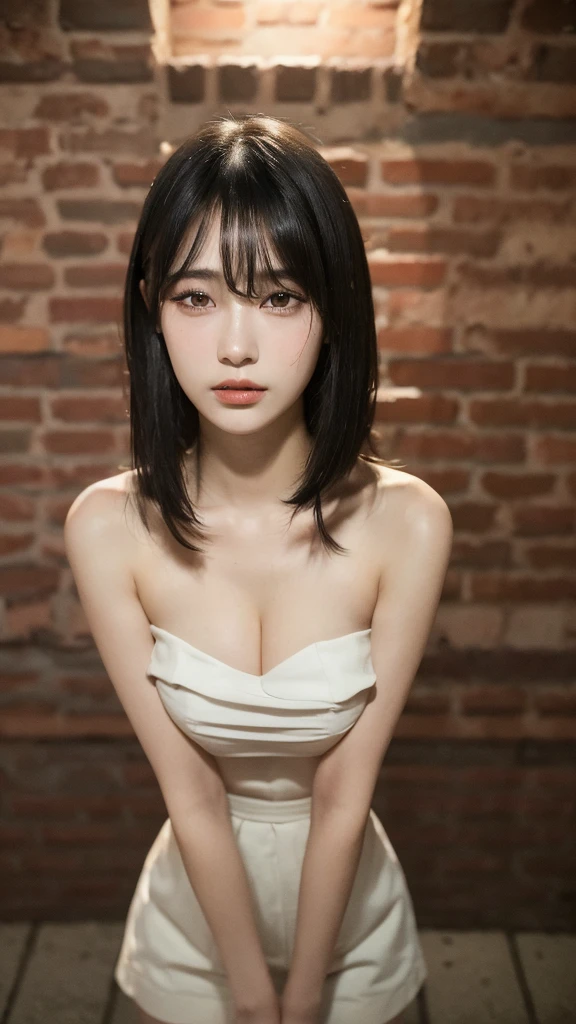 ((best quality, 8k, Masterpiece :1.3)), Sharp focus :1.2, size,small waist size,Thin waist,Slender stomach,long hair, ((black hair, big breasts :1.2)),18 year old girl,Beautiful face,Beautiful mouth,big breast,big breasts,Long eyelashes,smooth skin, Highly detailed facial and skin textures.., Detailed eyes, Double eyelids,Clear strapless dress,short skirt,Brick wall,outside,at night,Close-up view,bangs hairstyles