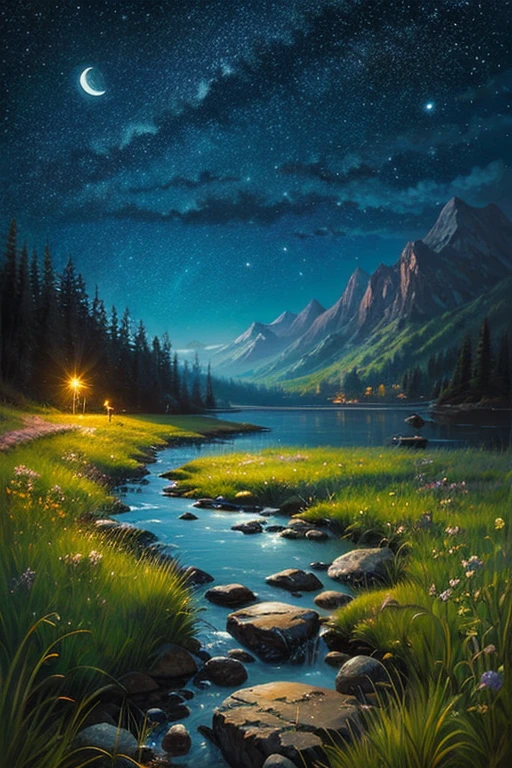highest quality、Landscape painting、nature、night景、night、moon、Starry Sky