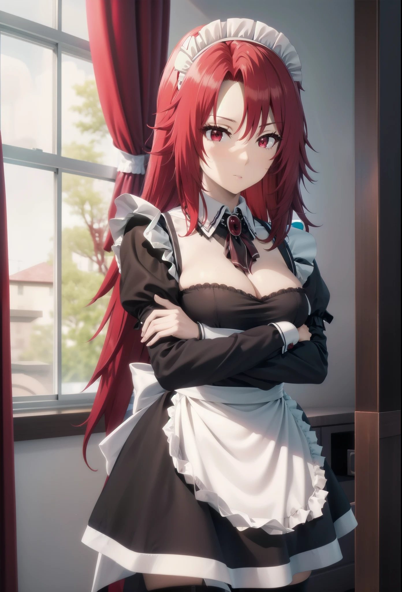 best quality, red hair,red eyes,masterpiece, highres, solo, (maid:1.40), (short sexy maid dress:1.15),