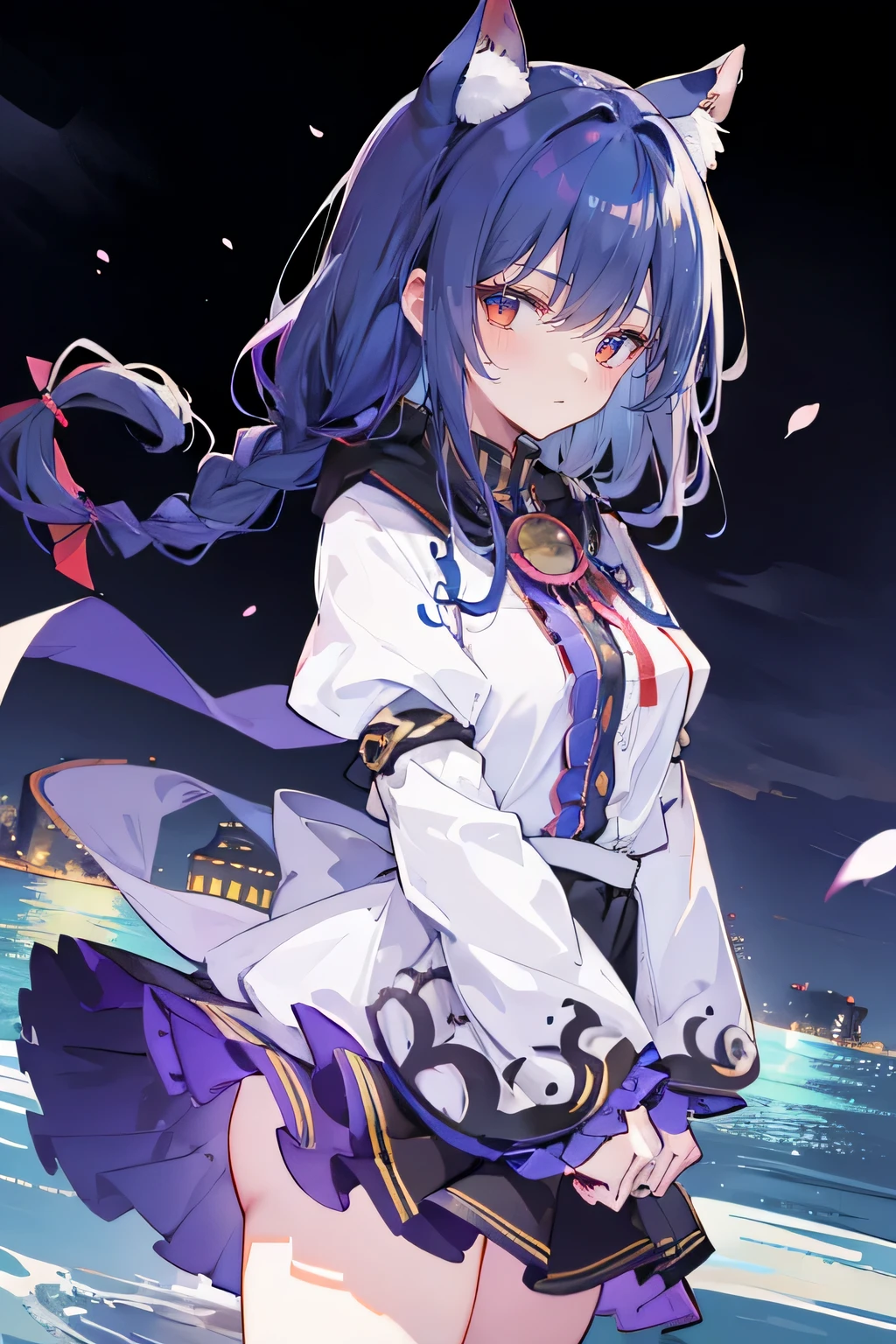 (masterpiece:1.2),Super detailed,lifelike,Expressive eyes,fair skin,perfect face shape,1 girl,
Japanese comics,Gorgeous blue hair,flowing blue hair,flowing clothes,Cat ears,Petals fall,beautiful lola,Baby Angel,
Shaking head with one hand,Cross your legs,Gentle and peaceful background,The pavilion is cool and comfortable,smile, wearing hoodie, background of tokyo,back views,snowing, winter,lie on the water.(Best Quality: 1.3), (Masterpiece: 1.3), (Illustration: 1.3), (Ultra Detailed: 1.3), (Imide Lens: 0.9), 1girl, Medium Breasts, Purple Eyes, ((Dark Blue Hair) ), hair accessories, young, clothing-gladiia, long hair, dark blue hair, indoors, black shorts, high socks, low ponytail, expressionless, upper body, close-up, coat, skirt,fgo style,like \(destiny\), like Adult, hair length, underwear, masterpiece, Top quality, 1 Girl, looking at the audience,(((braid)))、shameful face、Embarrassed face、Long body、huge 、