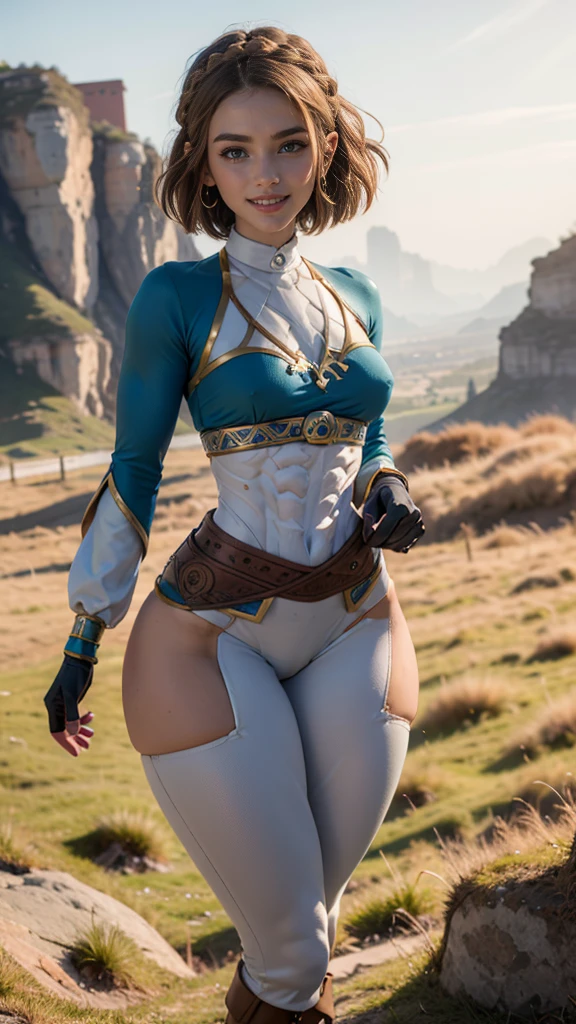 (Muscular:1.7), (thick thighs:1.7), 
princess_zelda_aiwaifu, pointy ears, braid, hair ornament, hairclip, fingerless gloves, blue shirt, long sleeves, crown braid, bangs, pants,  green eyes, parted bangs, short hair, sidelocks, thick eyebrows,  tight pants, big smile,
hard nipples, (small breasts:0.8),
eyeshadow, lipstick,
looking at viewer, (three quarter view:1.3), (upper body view:1.4),
rim lighting, detailed skin, detailed eyes, grassy field