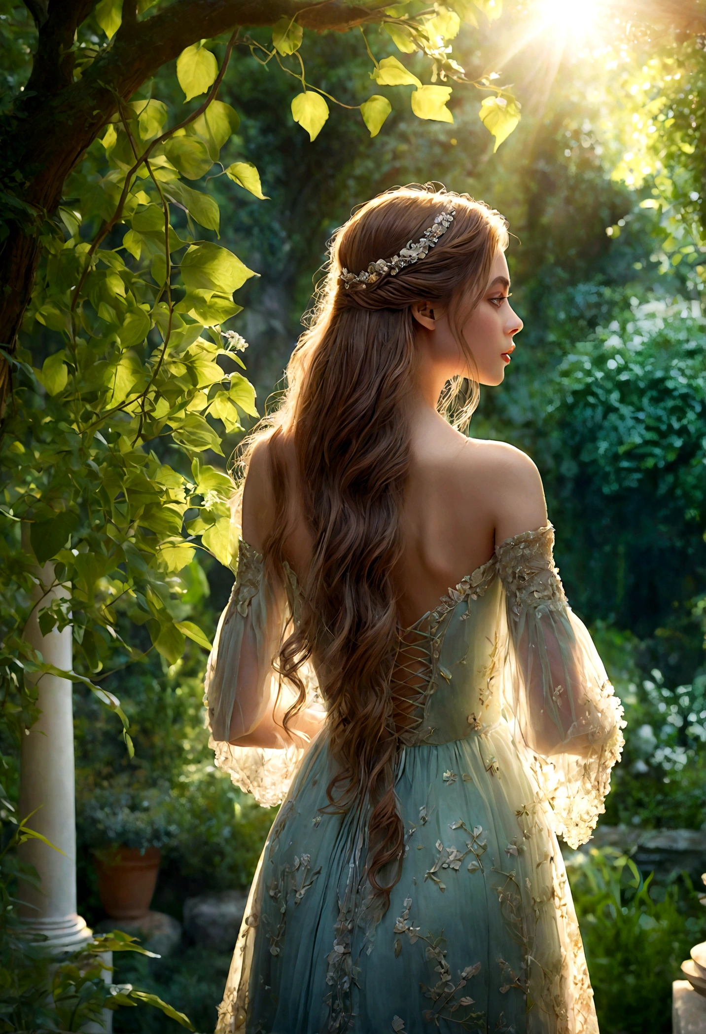 1girl, A woman in a garden, Back View, long flowing hair, delicate shoulders, intricate dress, sunlight filtering through trees, lush greenery, dreamy atmosphere, beautiful detailed face, beautiful detailed eyes, beautiful detailed lips, extremely detailed rendering, vivid colors, dramatic lighting, cinematic composition, fantasy art style, masterpiece, best quality, very aesthetic, absurdres