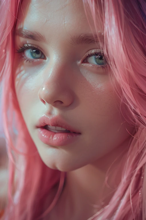 young woman, short shoulder-length pink hair, wide forehead, porcelain skin, pink eyebrows, big emerald green eyes, buttoned nose, full lips, heart-shaped face, slender body, small breasts, red tank top, Sakura Haruno , realistic, realism, details, 3d, well detailed
