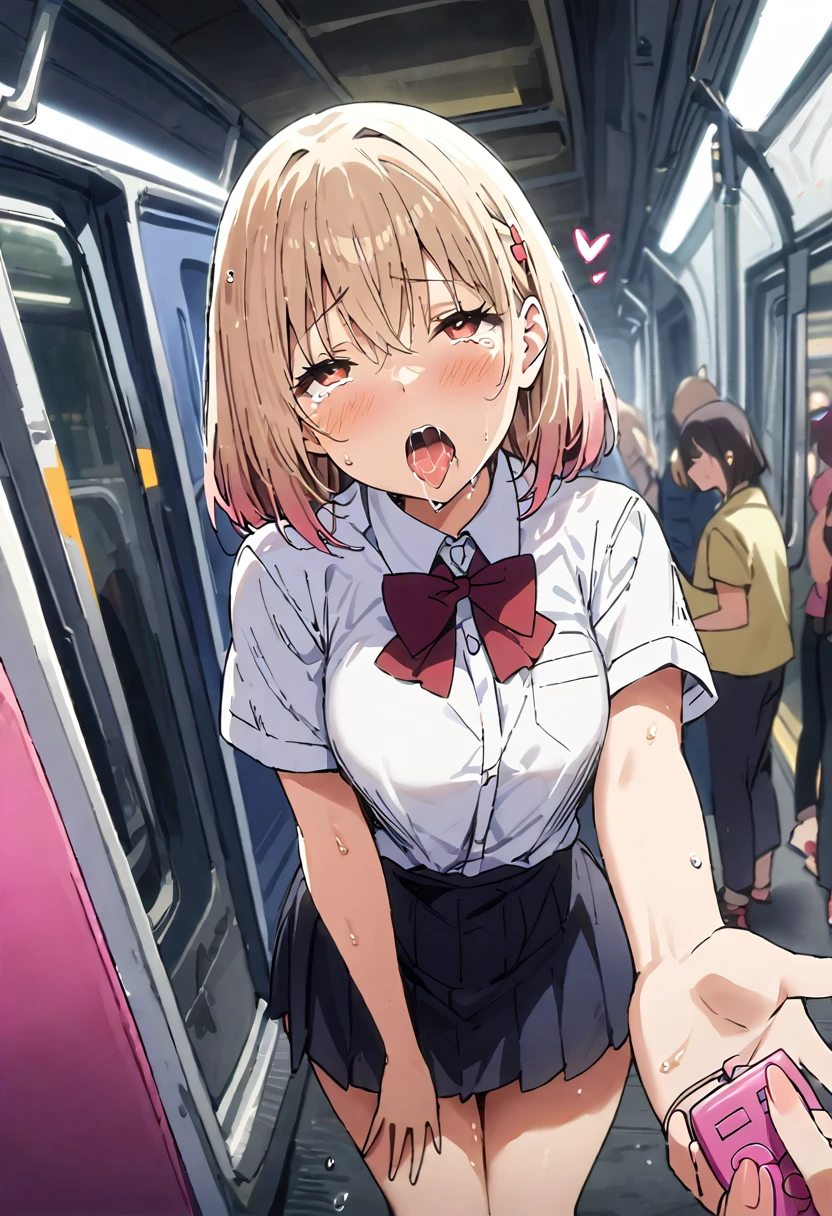 (throw_hand, pink vibrator remote switch in throw_hand, throw:1.2), highest quality, Super detailed, masterpiece, Ultra-high resolution, 8k, Ridiculous, Cowboy Shooting, Blurred, One girl, Embarrassing, blush, Lovely, , With tears in her eyes and her mouth open, What saliva leaves behind, Wet skirt hem, Not wearing pants, Bulging of the vibrator cord, Vibrator with Garters, Subway car interior background, In a crowded group of women,Squirting、Ahegao、Ecstasy face,rutiragnason, red eyes