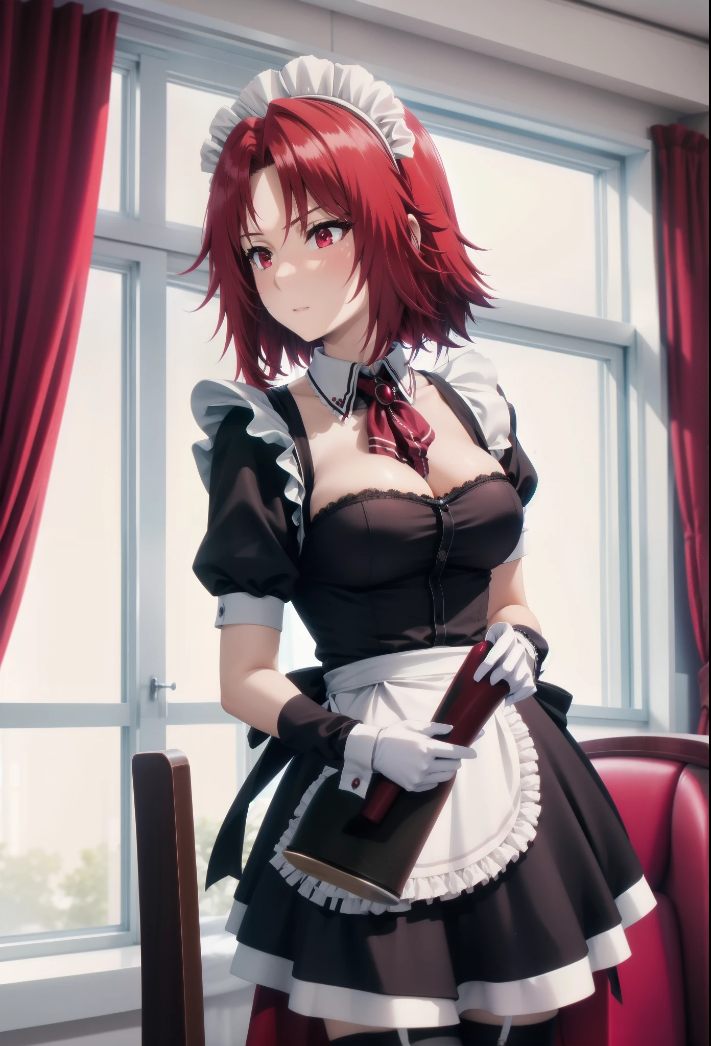 best quality, red hair,red eyes,masterpiece, highres, solo, (maid:1.40), (short sexy maid dress:1.15),clavage