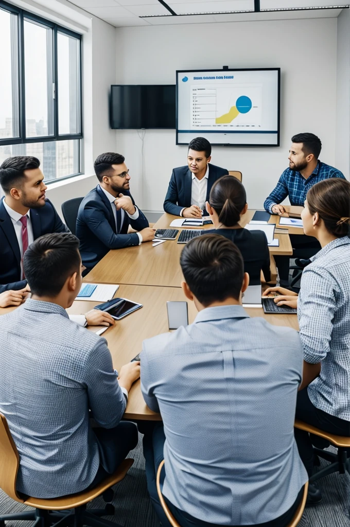 5 people (3 guys and 2 girls) in the meeting room 