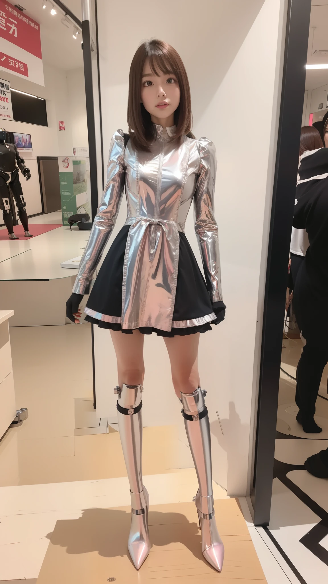 Robot Girl, pink there, Silver, Metallic body, Robot Parts, Metal Parts, Super Detailed Face, Super well-formed face, of the highest quality, a small face, a small head, Brown hair, Slender body, Camera gaze, Internal Mechanical Exposure, Idol, front facing, Well-proportioned body, sale, Exhibited, Event Hall, Moe Pose, pink metallic ta dress machine armor, Standing with legs open, Model body type, sad, Embarrassing,(Perfect Robot Girl),(Perfect machine body)