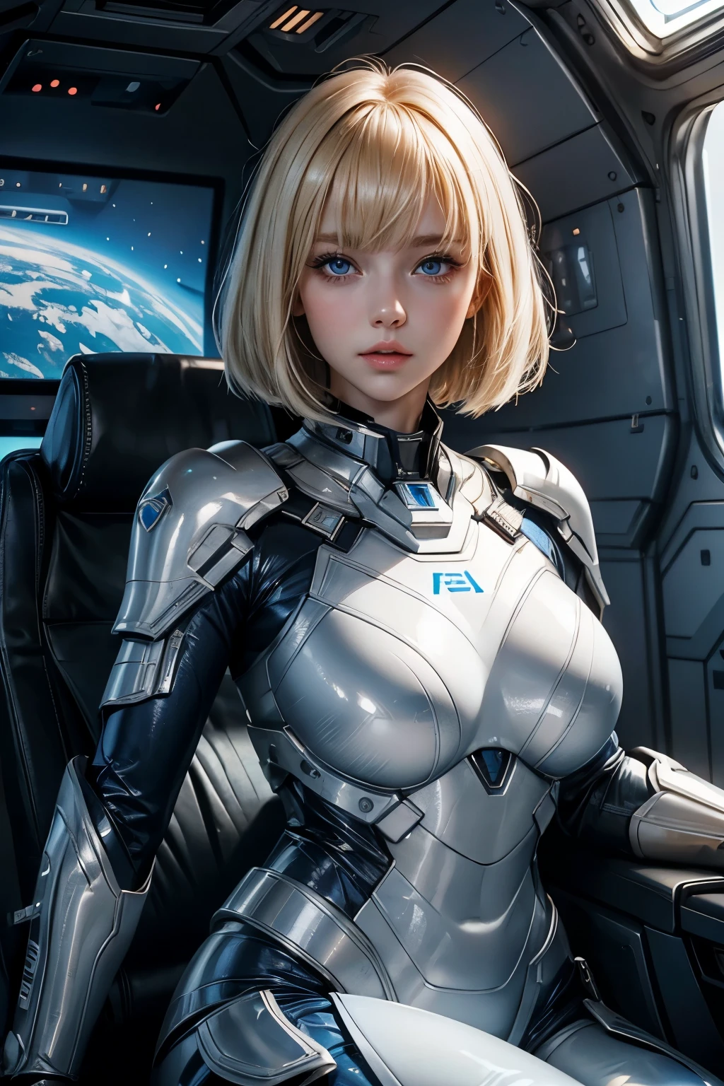 One beautiful woman。Blonde hair and blue eyes。Twenty years old。She has her bangs down。Short Hair。Detailed drawing of faces。Beautiful double eyelids。Straight nose。Well-shaped lips。She wears a metallic white battle suit.。She sits at the command center of a spaceship.。