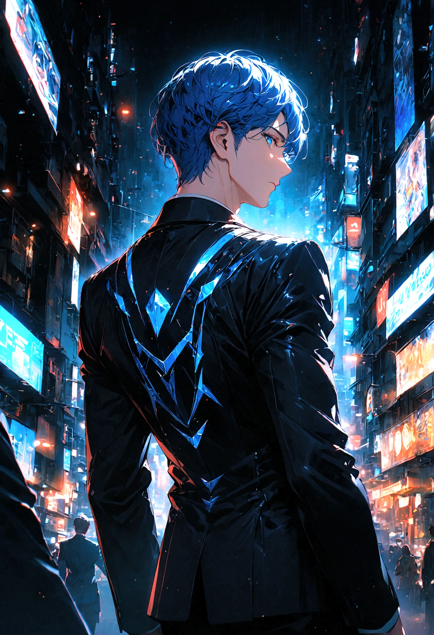 A man with blue hair and blue eyes in a black suit stood alone with his back turned halfway in the middle of the city at night.