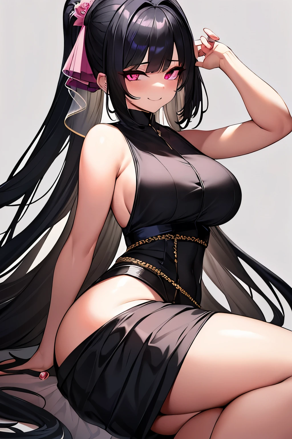 A 20-year-old chubby scholar girl, her face adorned with strong pink makeup, wearing a pleated skirt and a sleeveless top. Her eyes, dark golden and beautifully detailed, emit a seductive glimmer. In a suggestive pose, she flashes an evil smile, her very long, black hair cascading down into a long, black ponytail. A light and transparent veil, filled with charm and seduction, gently covers her head. This stunning piece of artwork is a maximalist masterpiece, created by the renowned artist, Artgerm. With its 8k anime artwork, it is a trending piece on ArtStation, showcasing the highest