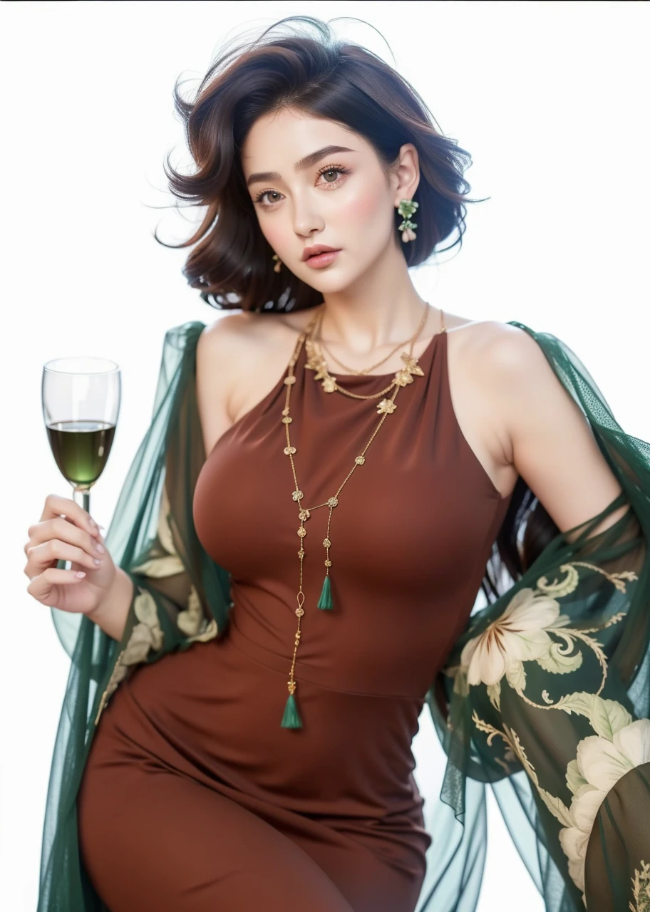 (green dress:1.2),1girl,hourglass body shape,waist up,beautiful detailed eyes,beautiful detailed lips,extremely detailed face,long eyelashes,detailed intricate dress,natural lighting,vibrant colors,soft focus,photorealistic,8k,extremely detailed,masterpiece