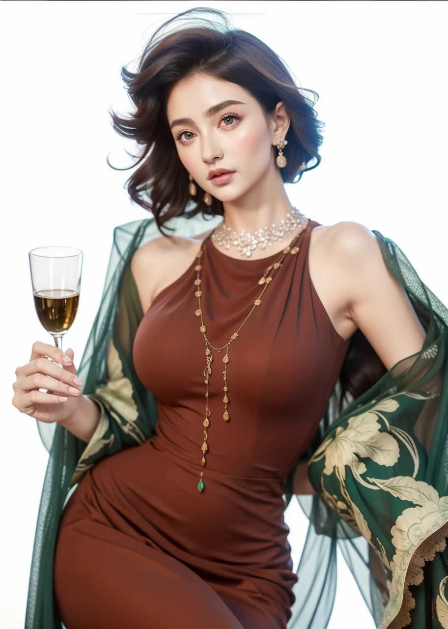 (green dress:1.2),1girl,hourglass body shape,waist up,beautiful detailed eyes,beautiful detailed lips,extremely detailed face,long eyelashes,detailed intricate dress,natural lighting,vibrant colors,soft focus,photorealistic,8k,extremely detailed,masterpiece