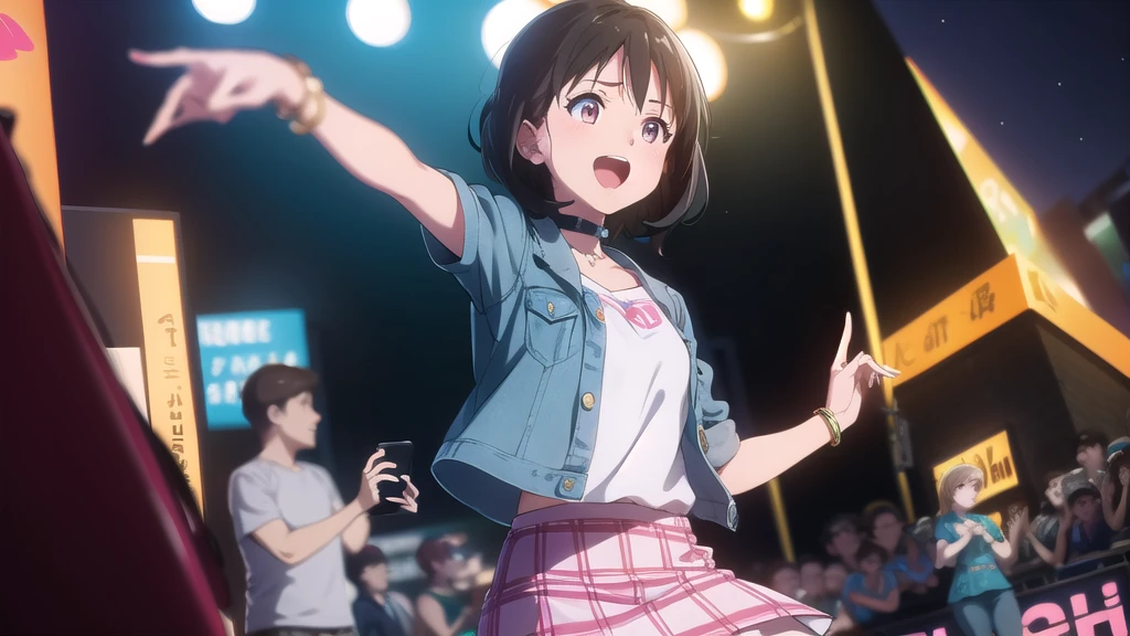 An anime-style illustration featuring a female character dancing to Bluegrass music. This version has the character with short, bobbed hair, wearing a modern outfit with a denim jacket, skirt, and cowboy boots. She is energetically dancing with a playful expression. The background is an urban outdoor scene with fairy lights, a small stage, and a cheering crowd, capturing the energetic atmosphere of a bluegrass performance in the city. The scene is vibrant and colorful, with detailed shading and gradients to add depth, and the character's eyes and facial expressions are emphasized to convey emotion.