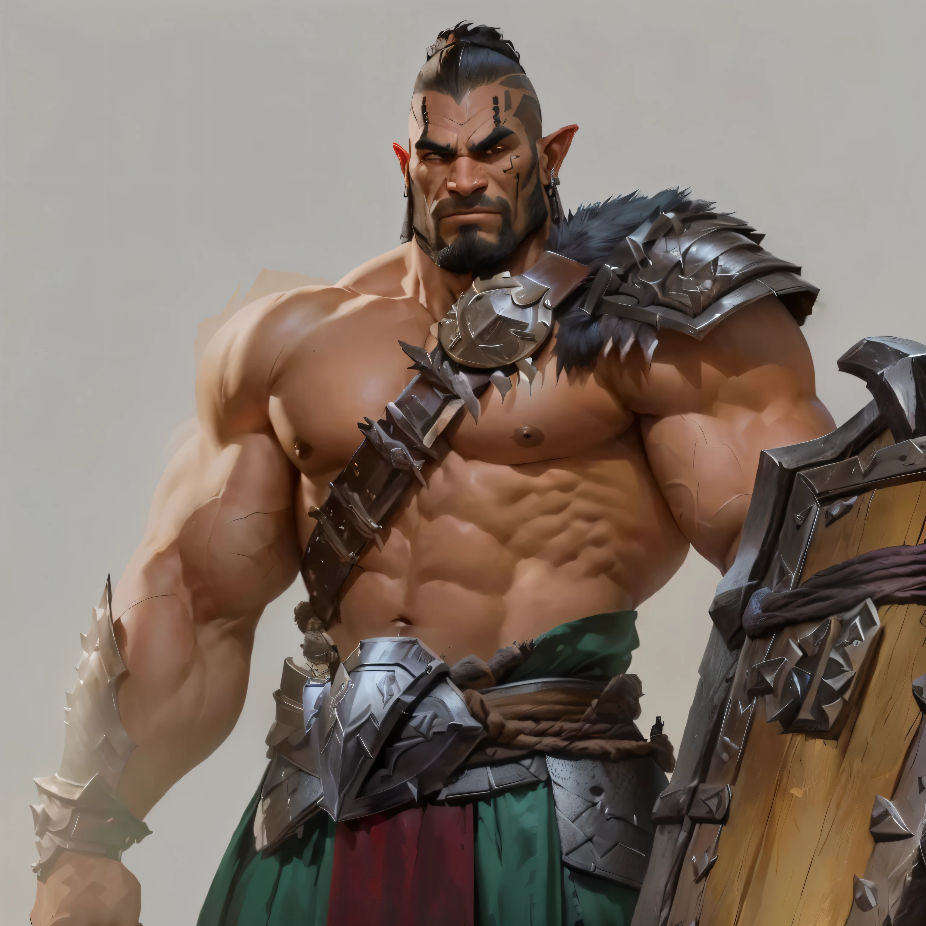 arafed Male Warrior with a sword and shield in his hand, barbarian class, Dog Face Muscle Goblin, barbarian, muscular character, picture of an adult Male Warrior, male barbarian, dnd giant character concept, Warrior concept art, Male Warrior, arabic orc, an orc, orc, orc warrior, Berserker Portrait, Handsome strong man in armor