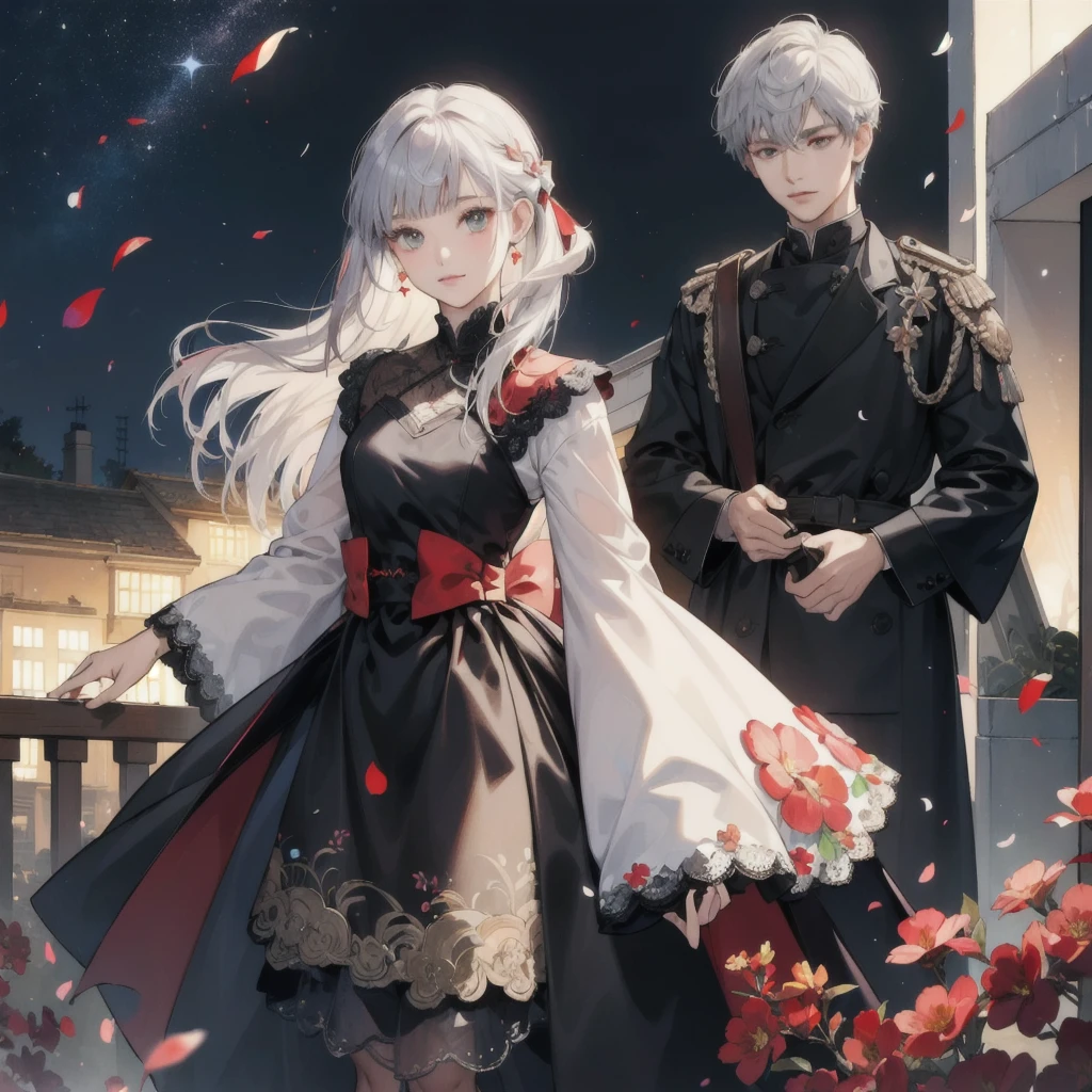 (masterpiece:1.4), (best quality:1.4), (high resolution:1.4),girl, anime girl standing put hans over futuristic balcony , its a daylight urban garden viewed behind girl's back , black robe, red hair bow, silver hair, straight haircut, long hair cut, straight bangs, shoulder bag, she has red light eyes, red with white undertone colour of girls eyes, lace, leather, diamons, geometric petals, multicolored diamond petal accents, very detailed clothing design, ultra high resolution of outfit parts