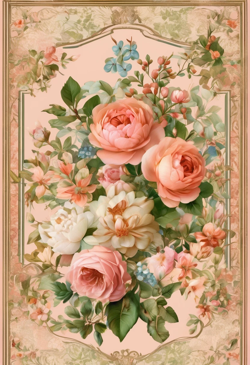 (overhead shot),(Masterpiece:1.4),delicate,8k,( Background Pages:1.4),race,Lots of ribon,Rococo, (VINTAGE light salmon SCRAPPY PAPERS), a selection of pretty pages with flowers that will work with,((Digital Paper:1.4))