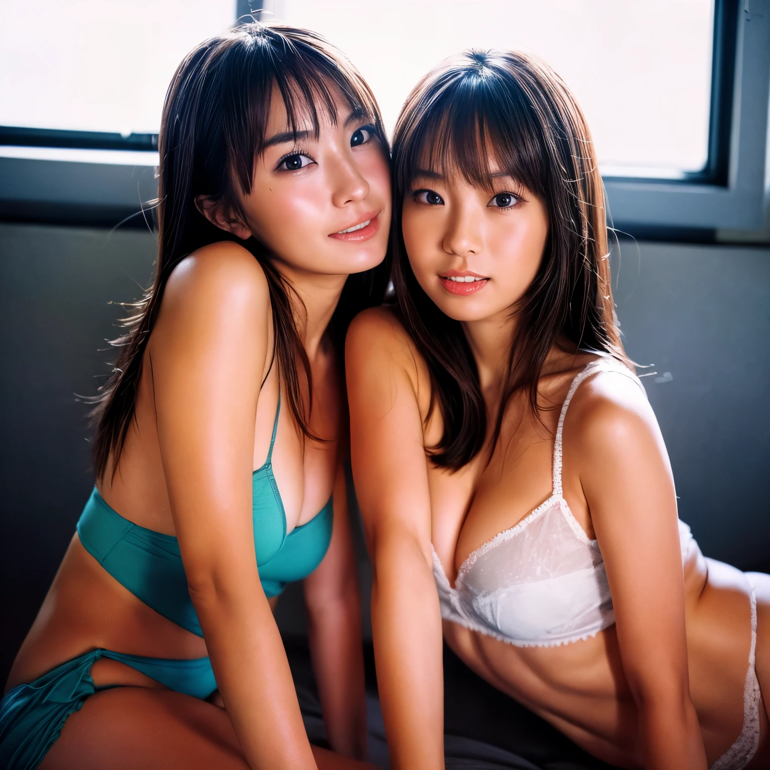 Identical twin sisters kissing、22 years old、Exactly the same face、Exactly the same body type、Exactly the same hairstyle、(8K、Live Shooting、highest quality、masterpiece:1.2)、Super detailed、Super Resolution、(Hyper Reality、)Super detailed、Super Resolution、(Real、Actual Photos:1.47)、(They are hugging each other.)Leaning closer、(Fantastic lighting)Hug me、Cinema lighting、White skin、Fair-skinned female proofreading、Ultra HD、Instagram model from another dimension, Highly detailed face、Highly detailed eyes、非常にRealな肌、 Highly detailed fingers, Highly detailed nose, Highly detailed mouth, by 2 person, Imaginative, Metaphysical, Whimsical, Anaglyph Style, 1 Japan, Cute Face, 18-year-old,
