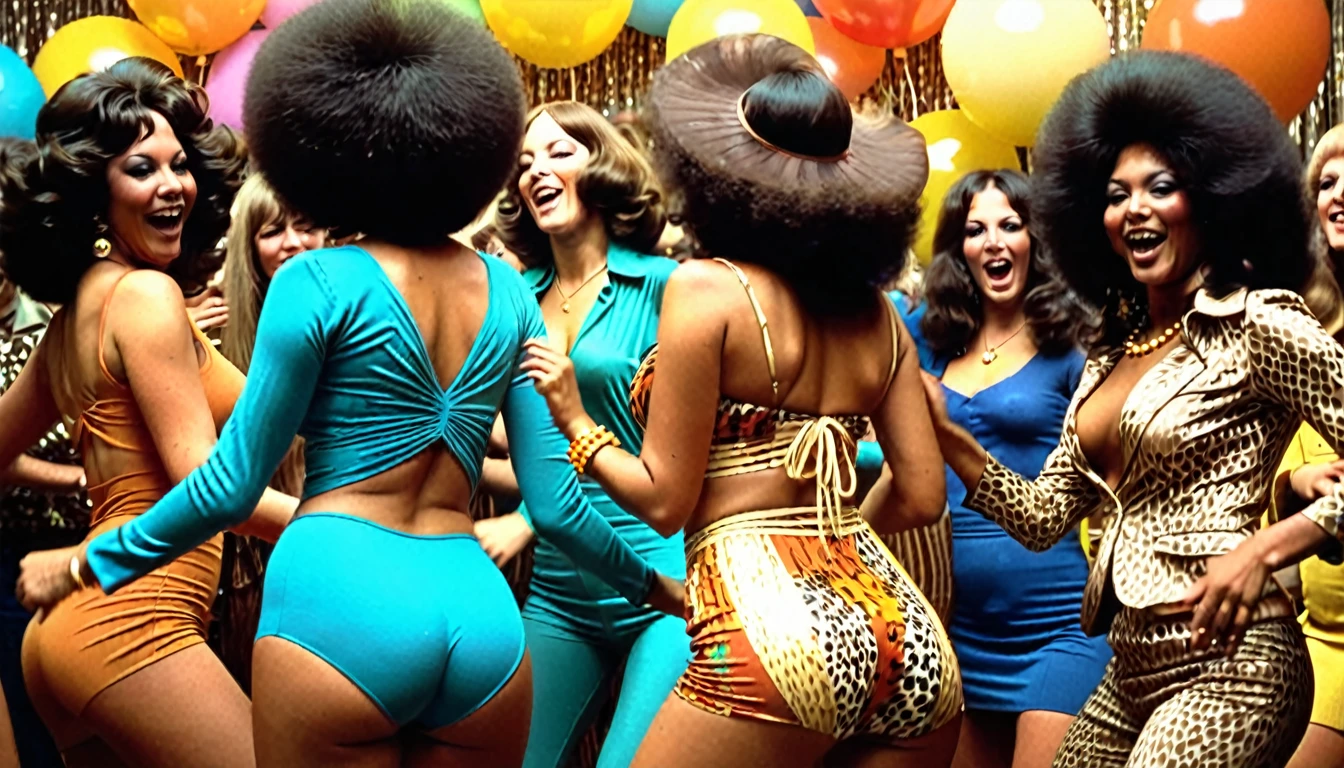 1970s party, beautiful multi-racial women with huge buttocks, dancing, 