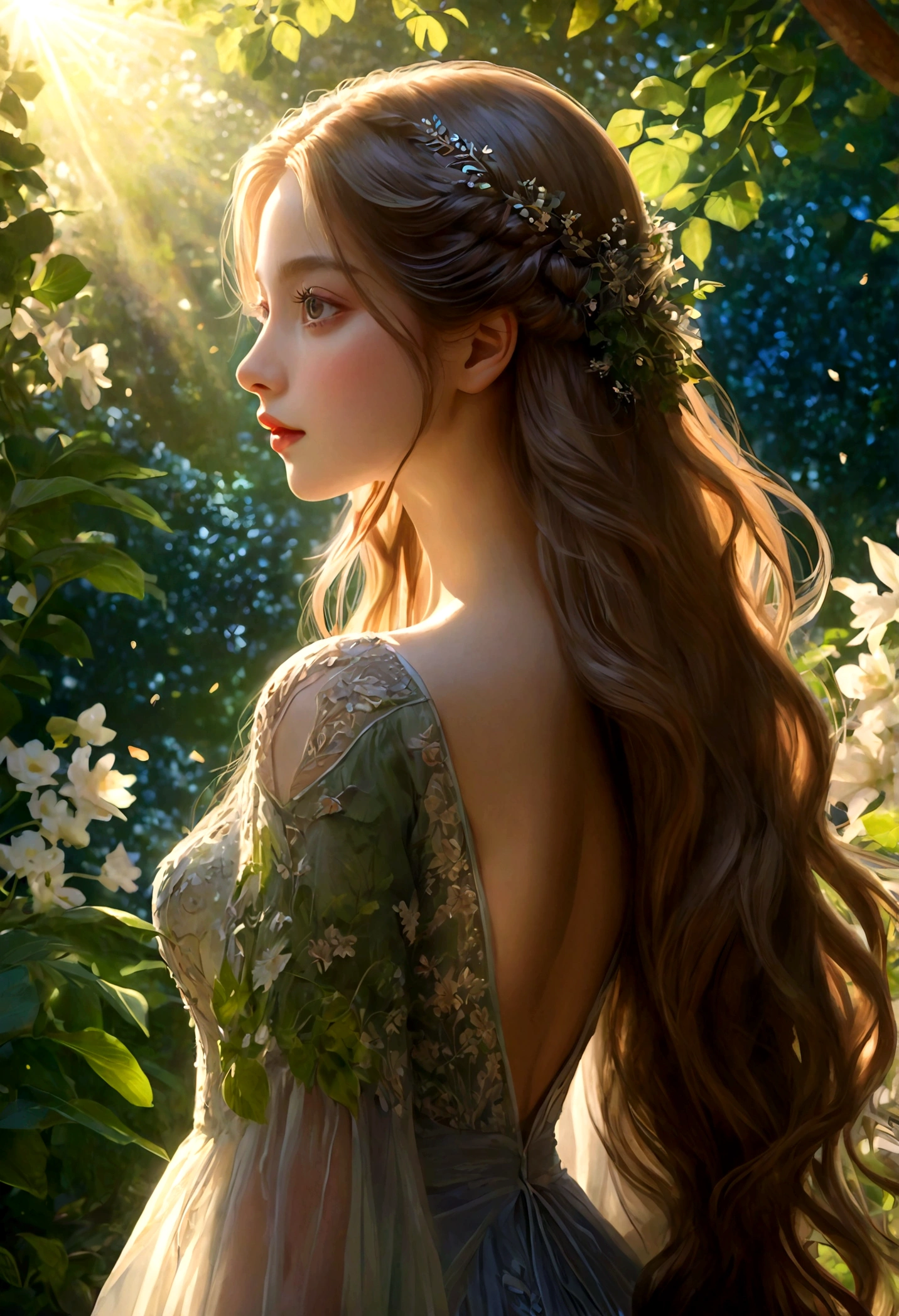 1girl, A woman in a garden, Back View, long flowing hair, delicate shoulders, intricate dress, sunlight filtering through trees, lush greenery, dreamy atmosphere, beautiful detailed face, beautiful detailed eyes, beautiful detailed lips, extremely detailed rendering, vivid colors, dramatic lighting, cinematic composition, fantasy art style, masterpiece, best quality, very aesthetic, absurdres