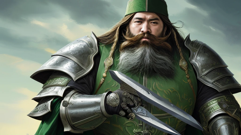 masterpiece, masterpiece_portrait, distinct, distinct_image, high_resolution, highres, high_quality_anime, high_quality, hyper_detail, finely_detailed,4K, guanyu green armor long heavy beards long handle blade