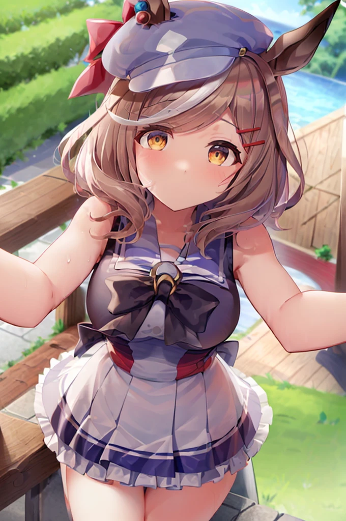 ((highest quality, masterpiece:1.3)), ((masterpiece)), Awareness-raising, highest quality,
1girl, solo, matikanetannhauser, umamusume, horse tail, horse ears, hat, big breasts, curvy, from below,
poolside, sunny,
school swimsuits, wet, sitting, crossing legs, raw thighs, forcas thighs, barefoot,