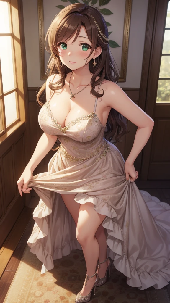 nozomitoujou, nozomi toujou, green eyes, brown hair, curly hair, breasts, masterpiece, best quality, high resolution, beautiful detailed eyes, extremely detailed face, good lighting, detailed CG, messy hair, glossy lips, light smile, ballgown, ballroom, cleavage, necklace, pendant, earrings, jewelry, high heels, standing