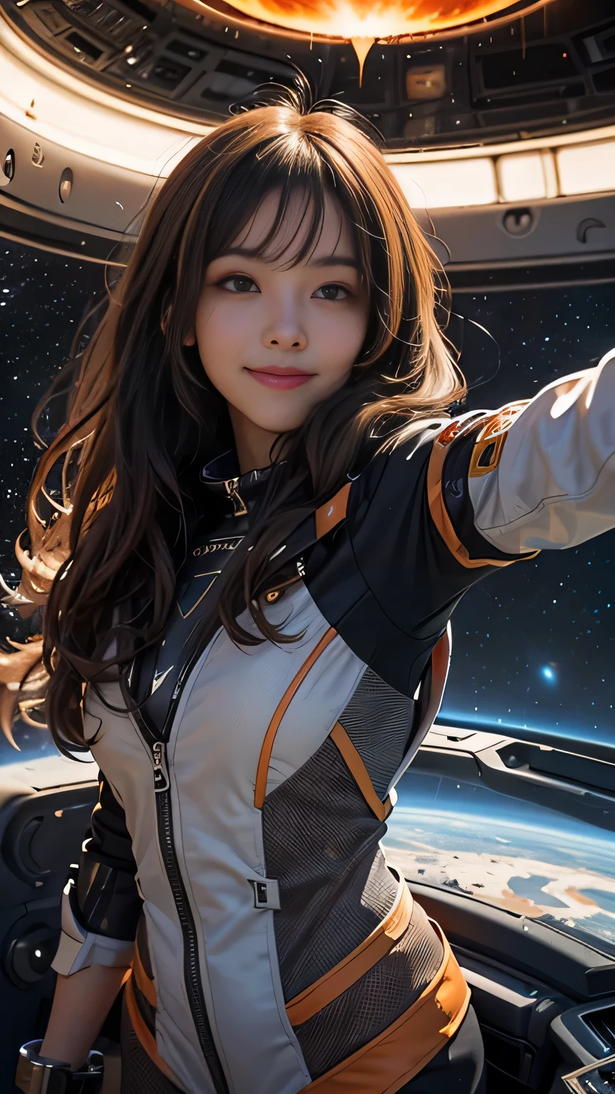 xxmixgirl,One girl, Fisheye Lens, Selfie, Wind, Messy Hair, sunset,smile,Film Girl, Generates a vivid and captivating scene featuring a girl with flowing hair, Orange space suitを着て喜びを放つ. Imagine her in a spaceship of the future., capturing a moment of pure enthusiasm as she takes a Selfie. The grey planet Mercury and the giant Sun are visible in the background. The interior of the spaceship is sleek and modern., adorned with high-tech elements and large Windows that offer breathtaking view of planet mercury from space in vast expanse of space galaxy, A girl&#39;s heartfelt smile、It reflects her excitement as she embarks on her journey to Mercury.。, Showcasing the adventurous spirit of space exploration, Orange space suit. A big burning sun stands behind the showcase