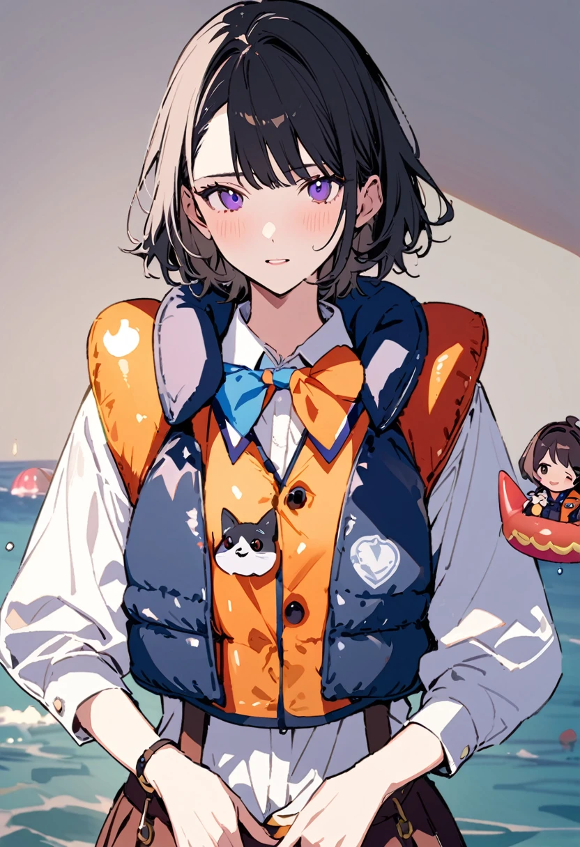 masterpiece, highest quality, Illustration of the novel, High resolution, 18+ Adult content, Sensual, Intimate, Emotional, Passionate, romantic, sweet, Adorable, Innocent, Pure, Charmな, Charmな, Charm, Mysterious, Charmな, Charmな, Immersive, Charmな, dream-like, Surreal, Imaginative, Whimsical, artistic, Avant-garde, timeless, elegant, Sophisticated, chic, Sophisticated, personality, original, Charmな,((life vest,inflatable vest:1.3))、((Upper Body:1.3))