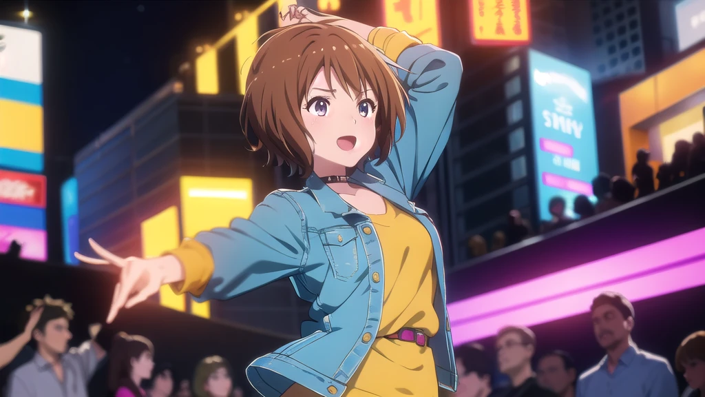 An anime-style illustration featuring a female character dancing to Bluegrass music. This version has the character with short, bobbed hair, wearing a modern outfit with a denim jacket, skirt, and cowboy boots. She is energetically dancing with a playful expression. The background is an urban outdoor scene with fairy lights, a small stage, and a cheering crowd, capturing the energetic atmosphere of a bluegrass performance in the city. The scene is vibrant and colorful, with detailed shading and gradients to add depth, and the character's eyes and facial expressions are emphasized to convey emotion.