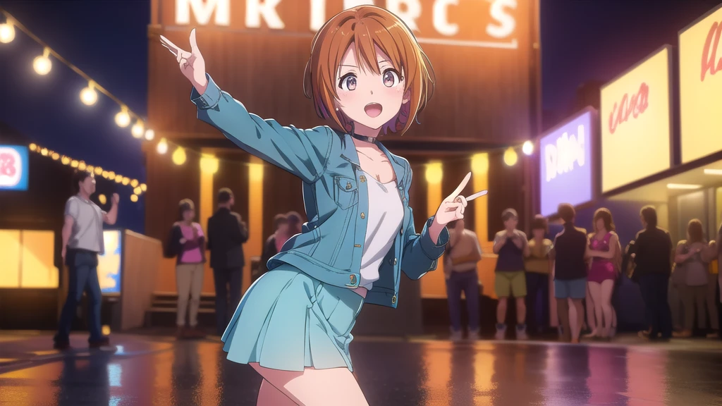 An anime-style illustration featuring a female character dancing to Bluegrass music. This version has the character with short, bobbed hair, wearing a modern outfit with a denim jacket, skirt, and cowboy boots. She is energetically dancing with a playful expression. The background is an urban outdoor scene with fairy lights, a small stage, and a cheering crowd, capturing the energetic atmosphere of a bluegrass performance in the city. The scene is vibrant and colorful, with detailed shading and gradients to add depth, and the character's eyes and facial expressions are emphasized to convey emotion.