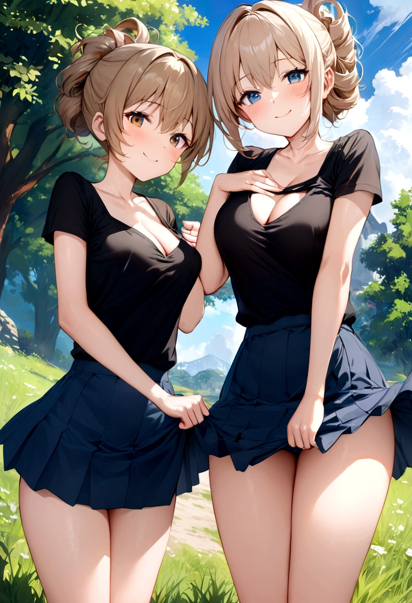 Top image quality、8K picture quality、masterpiece:1.4、Pretty girl、blue-sky、grass field、Lean forward to show off your chest、cleavage of the breast、above thighs、Angle of incitement from below、the wind、Light brown hair with random hairstyle、T-shirt with loose neck、Thin waist circumference、Super Mini Flared Skirt、shaking 、Lifting the hem of the skirt、Natural smile、