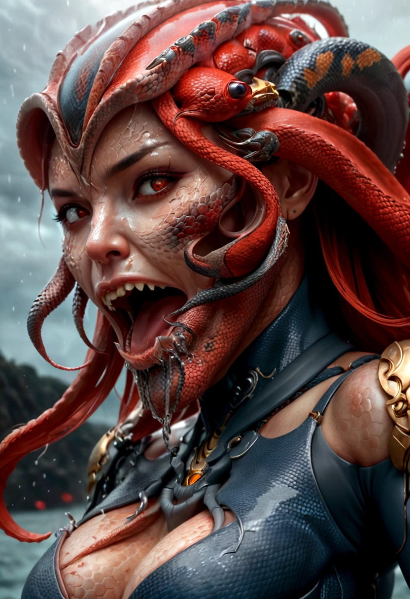 lady Kraken in stunning movement, wrath expression punching a vessel-boat as nebula explosion, face-skin is snake-skin, red fangs, face focus, cried out, metal-scaled body-skin, high tide, thunder-storm background, ultra shots photographic, hyper detailed, ultra-speed shot, dimmed light, UHD, 16k, epicrealism, masterpiece, perfect image, perfect color.