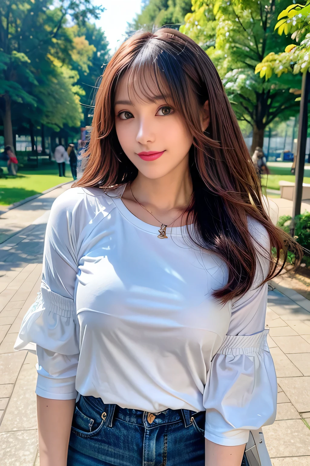 ((Full Body Angle))、((Front hair:1.2))、((highest quality, 8K, masterpiece: 1.3)), concentrated: 1.2, Cute girl 1,Nipples erect、 Perfect beauty: 1.4,Cut and sewn T-shirt Raglan sleeve summer short sleeve T-shirt.Shorts: 1.2,Long sleeve、Randall Color、comics&Text Graphics、Black ruffle-trimmed drawstring zip blouse,1.1, Highly detailed face and skin textures, Fine grain, double eyelid, whitening skin, ,highest quality,Ultra-high resolution,you,1 girl,alone,_Shiny_skin,Iris,necklace,((Brown_length_Wavy_hair)),(lips)),eyelash,Front hair,deal with,compensate,Shiny,pore,skin,Large Breasts、smiling face、Walking in the park、walk、