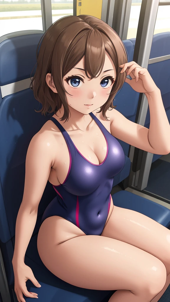 (Masterpiece), 8k wallpaper, solo, Watanabe you, sitting on train seat, one-piece swimsuit, v-neck, low cut at hips