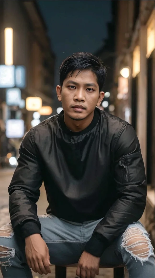 Seorang lelaki indonesia tampan berambut hitam memakai baju hitam lengan panjang sedang berdiri di tengah kota