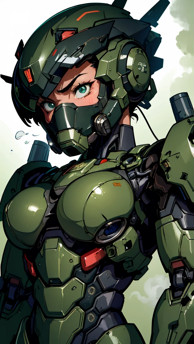 最high quality非常に詳細, Advanced Details, high quality, 最high quality, High resolution, 1080p, hard disk, beautiful,(War Machine),(Snug-fitting headgear),See the big picture,beautifulサイボーグ女性,Dark Green Mecha Cyborg Girl,Battle Mode,Mecha Body Girl　8k dark green body armor　　Sweaty face　Droopy eyes　short hair　Gas mask with extension nozzle　boyish　Steam coming out of my head　My hair is wet with sweat　Black Hair, Steam coming out of the mouth　No exposed skin　Character Focus　Only the eyes are exposed