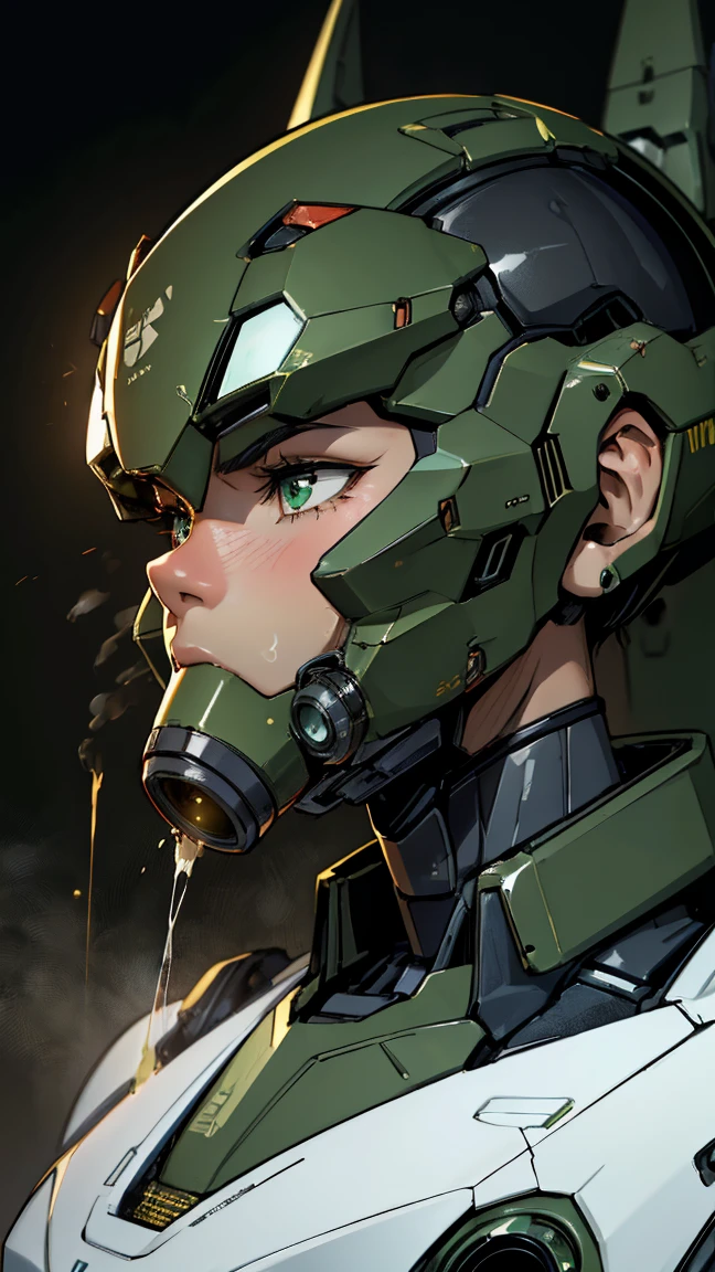 最high quality非常に詳細, Advanced Details, high quality, 最high quality, High resolution, 1080p, hard disk, beautiful,(War Machine),(Snug-fitting headgear),See the big picture,beautifulサイボーグ女性,Dark Green Mecha Cyborg Girl,Battle Mode,Mecha Body Girl　8k dark green body armor　Elementary school girl　Sweaty face　Droopy eyes　short hair　Gas mask with extension nozzle　boyish　Steam coming out of my head　My hair is wet with sweat　Black Hair, Steam coming out of the mouth　No exposed skin　Character Focus　Only the eyes are exposed