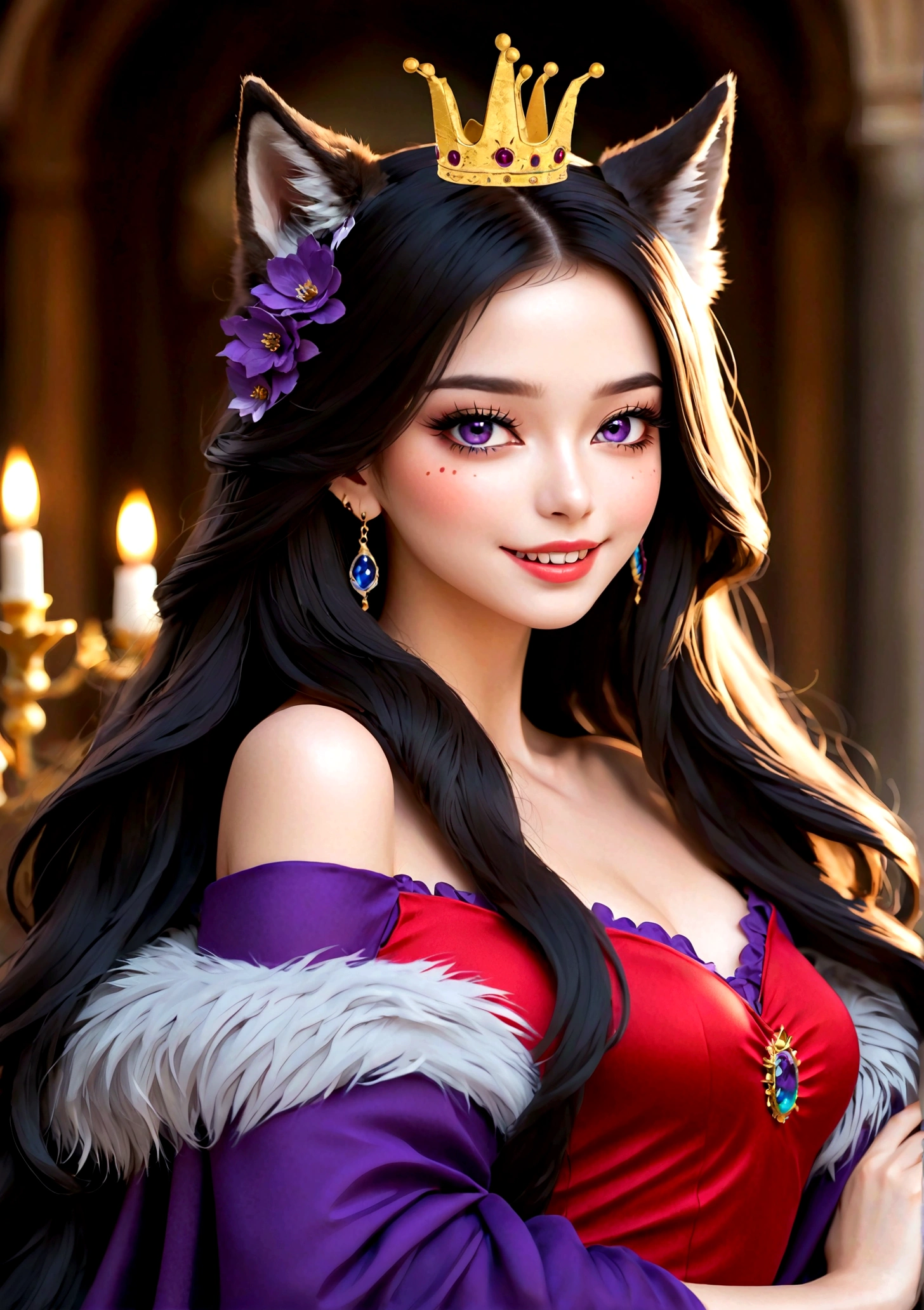 Beautiful girl beauty mole，A small black dot on the cheek，(((She has a beauty spot:1.37)))，Purple Eyes，Delicate lashes，laughing out loud，Fangs，Smooth skin，Long black hair，Wolf ears， Small Crown，Red dress with fur collaerce gray wolf background。Correct human anatomy