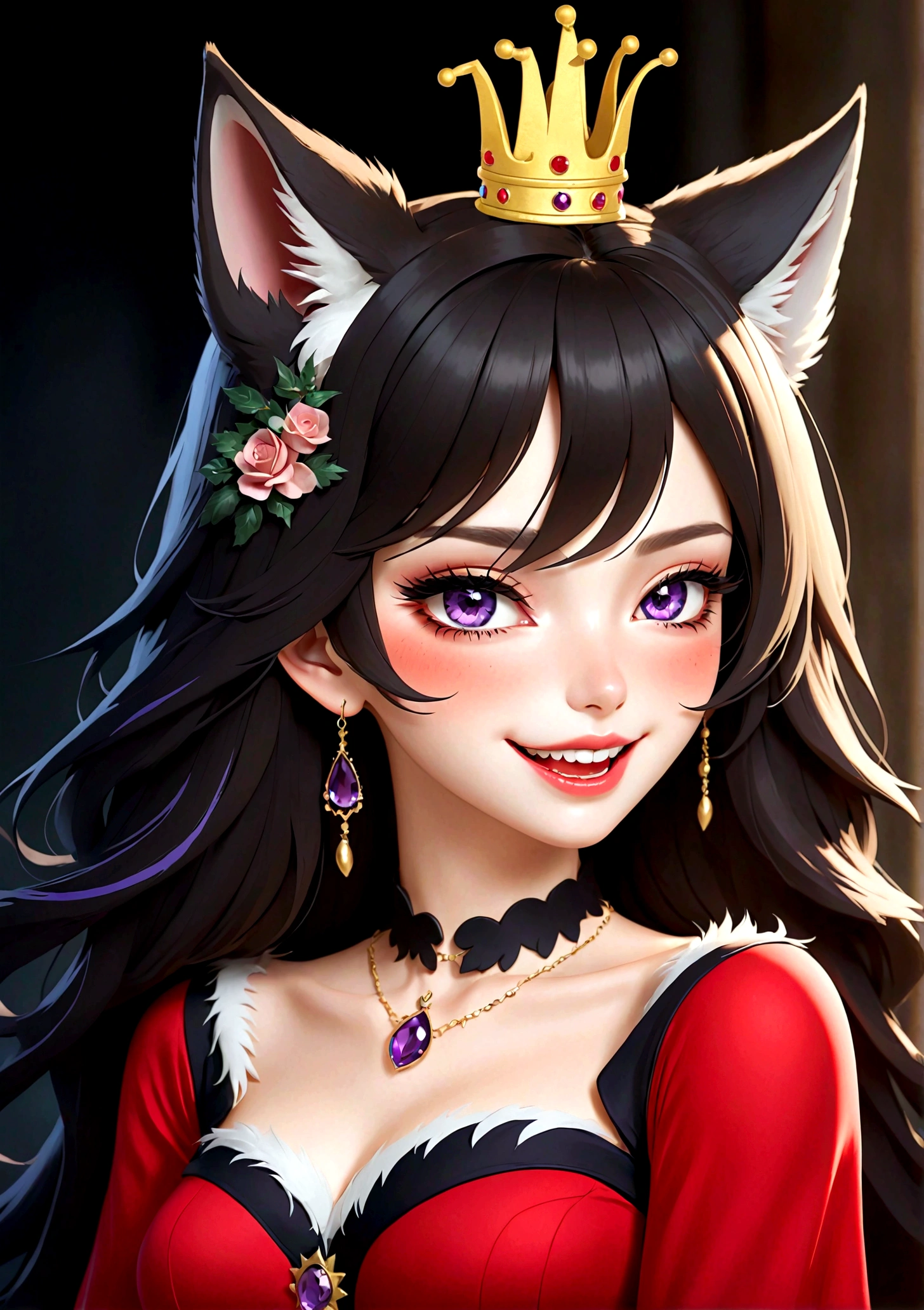 Beautiful girl beauty mole，A small black dot on the cheek，(((She has a beauty spot:1.37)))，Purple Eyes，Delicate lashes，laughing out loud，Fangs，Smooth skin，Long black hair，Wolf ears， Small Crown，Red dress with fur collaerce gray wolf background。Correct human anatomy