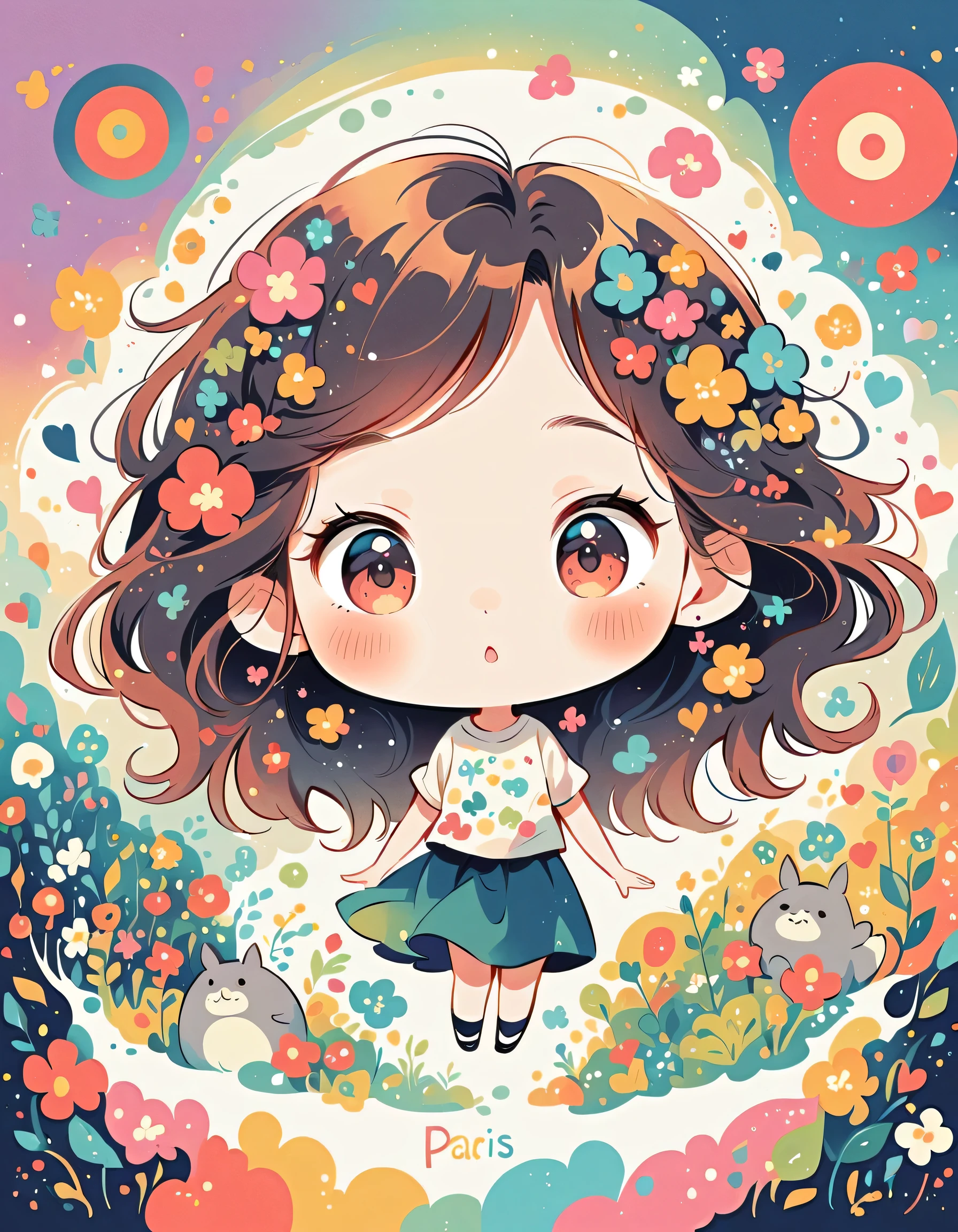 Hayao Miyazaki Style、The most beautiful girl of all time、Lips in Love、Colorful flowers、Simple line initials、Abstract art、Paris Background, (((chibi))), Totoro Forest