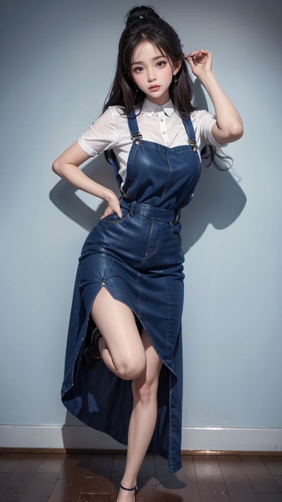 A girl wearing a blue suspender dress, Stand on one foot，The other foot is stretched towards the head, Best quality, masterpiece, 8K