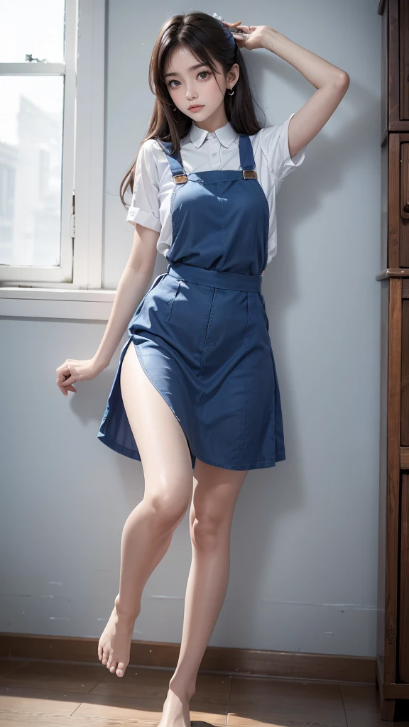 A girl wearing a blue suspender dress, Stand on one foot，The other foot is stretched towards the head, Best quality, masterpiece, 8K