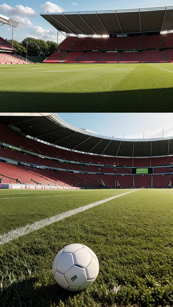 A football on the grass, in the background the stadium and a football goal. high resolution, sehr viel Detail